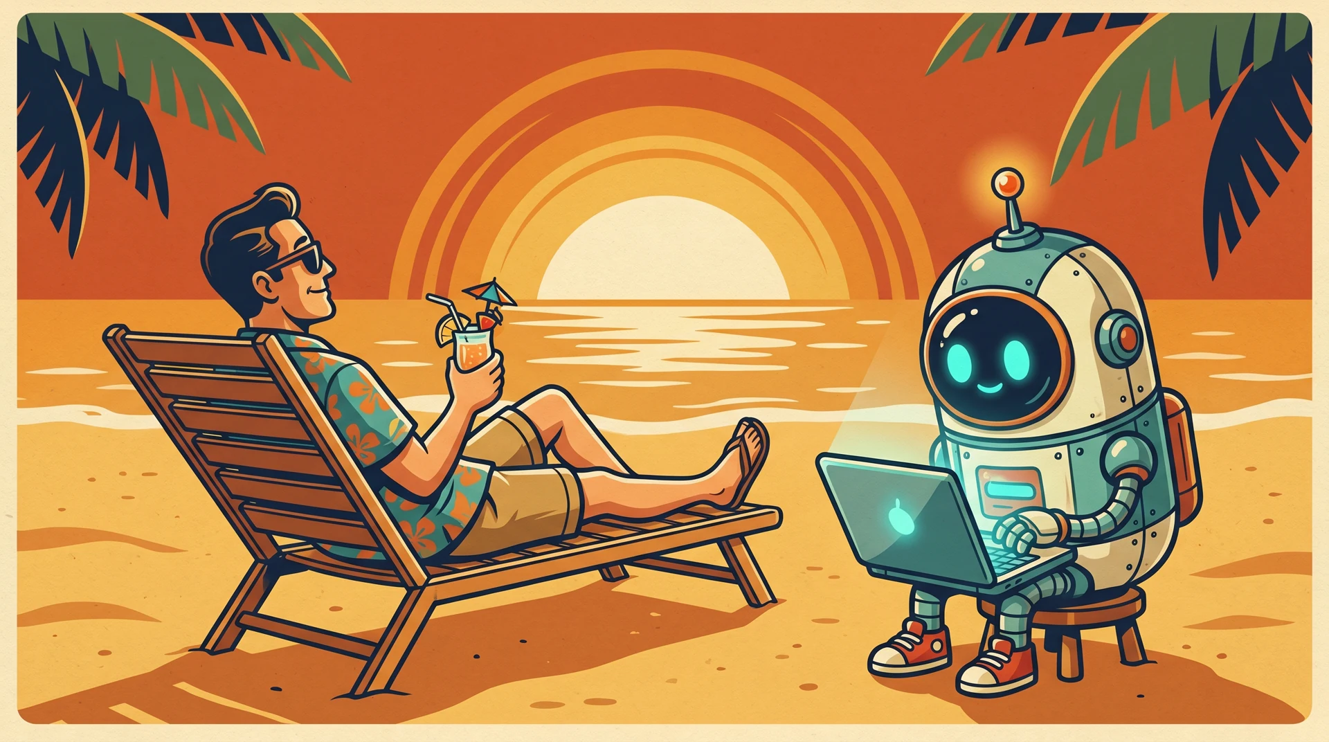 A host relaxing on the beach at sunset while the CoHost Bot works on a laptop