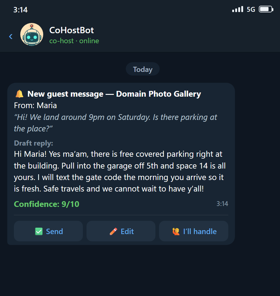 CoHost Bot drafts a reply to a guest's parking question, ready to send with one tap
