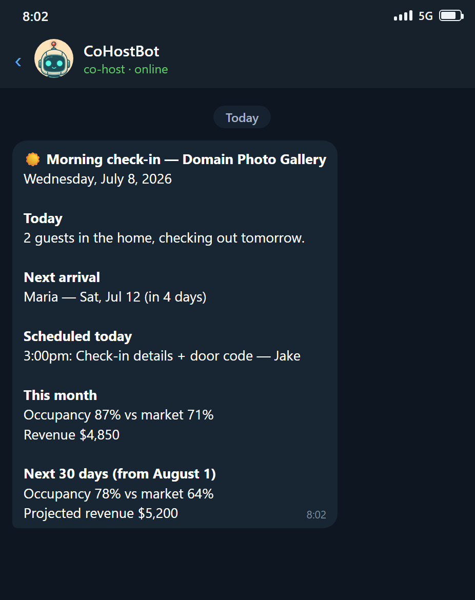 CoHost Bot's morning brief: occupancy, revenue, next arrival and the day's schedule
